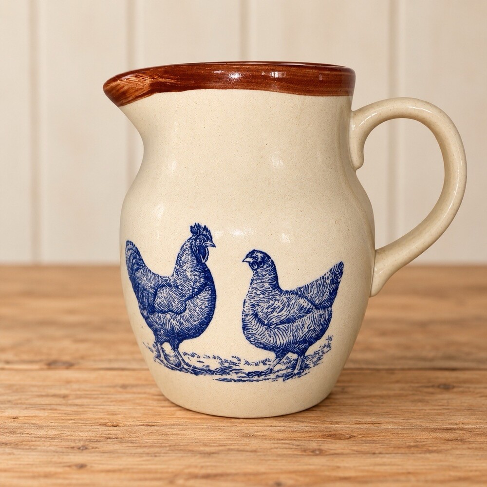 Vintage Rooster Hen Stoneware Pitcher Blue Chicken Farmhouse Brown Rim 6”